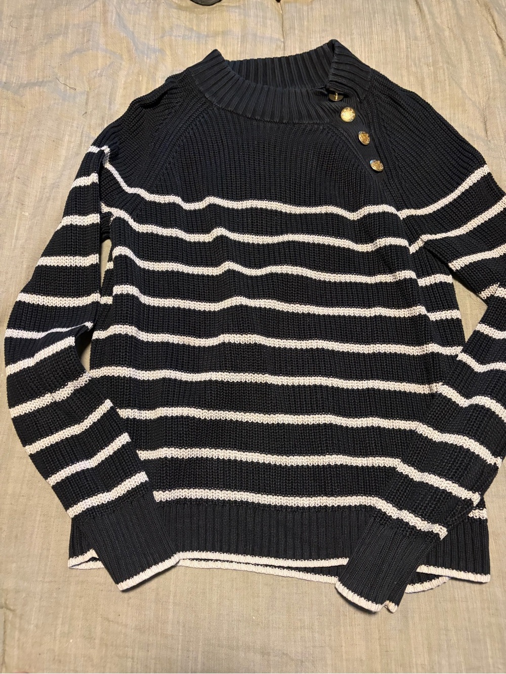 J. Crew Navy & White Striped Crewneck Sweater with Gold Buttons